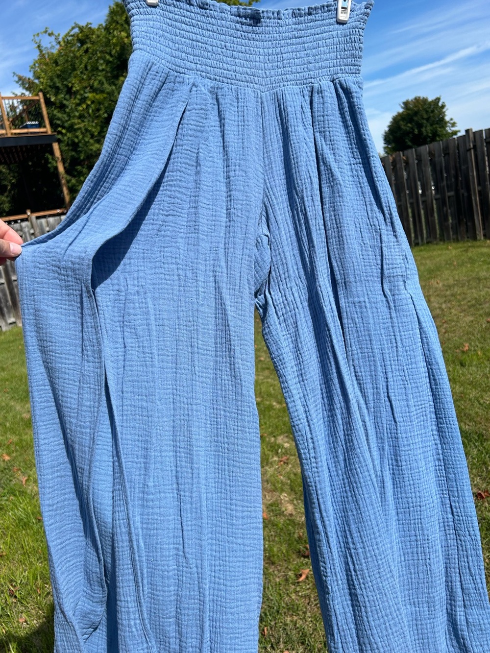Light Blue Smocked-Waist Open Front Wide-Leg Pants